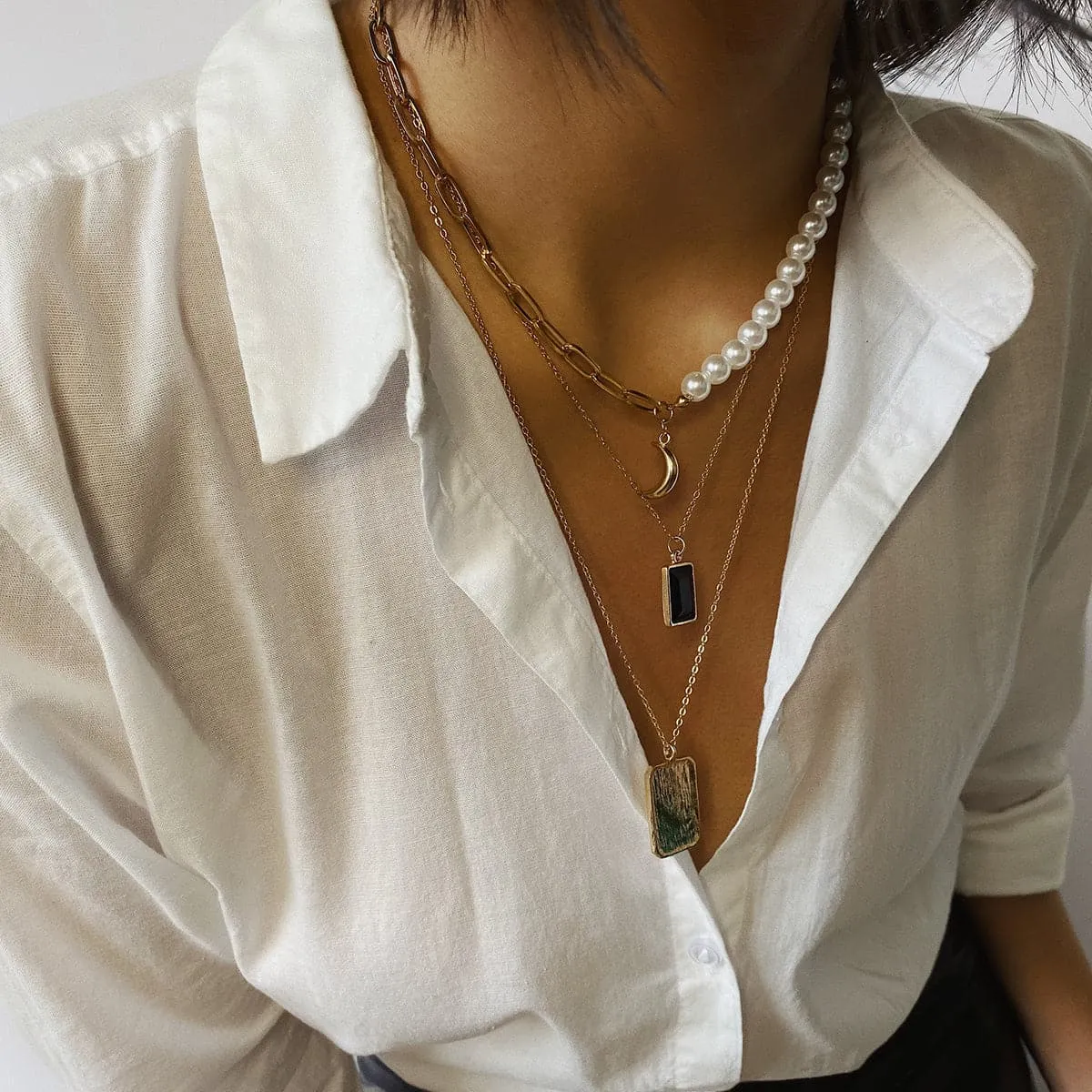 Pearl & Crystal 18K Gold Plated Moon Layer Pendant Necklace