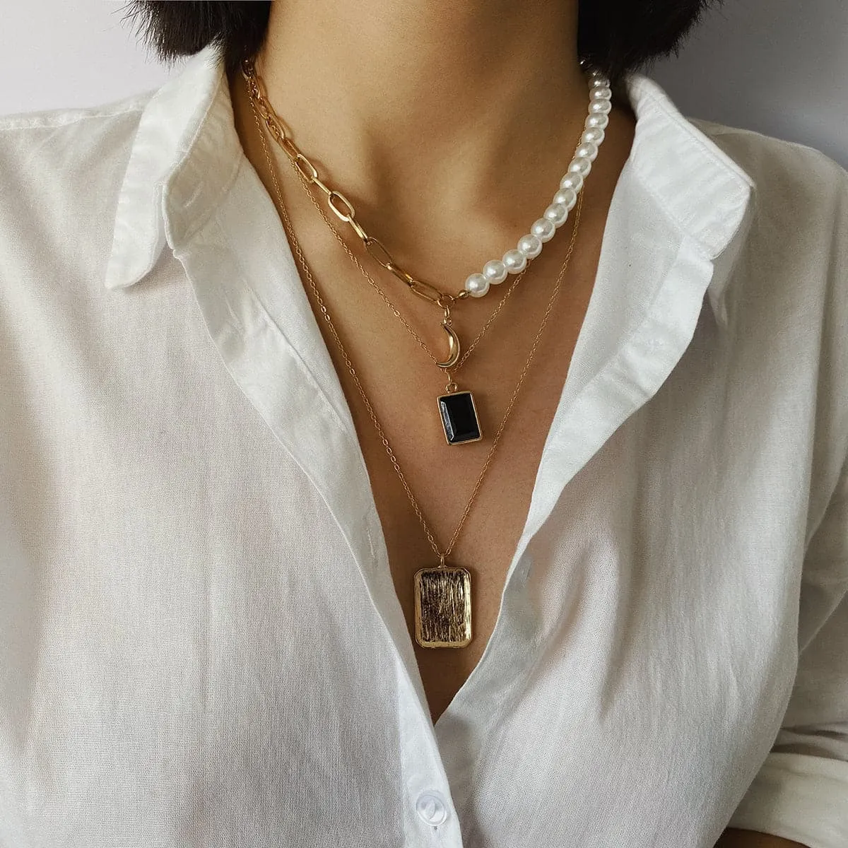 Pearl & Crystal 18K Gold Plated Moon Layer Pendant Necklace
