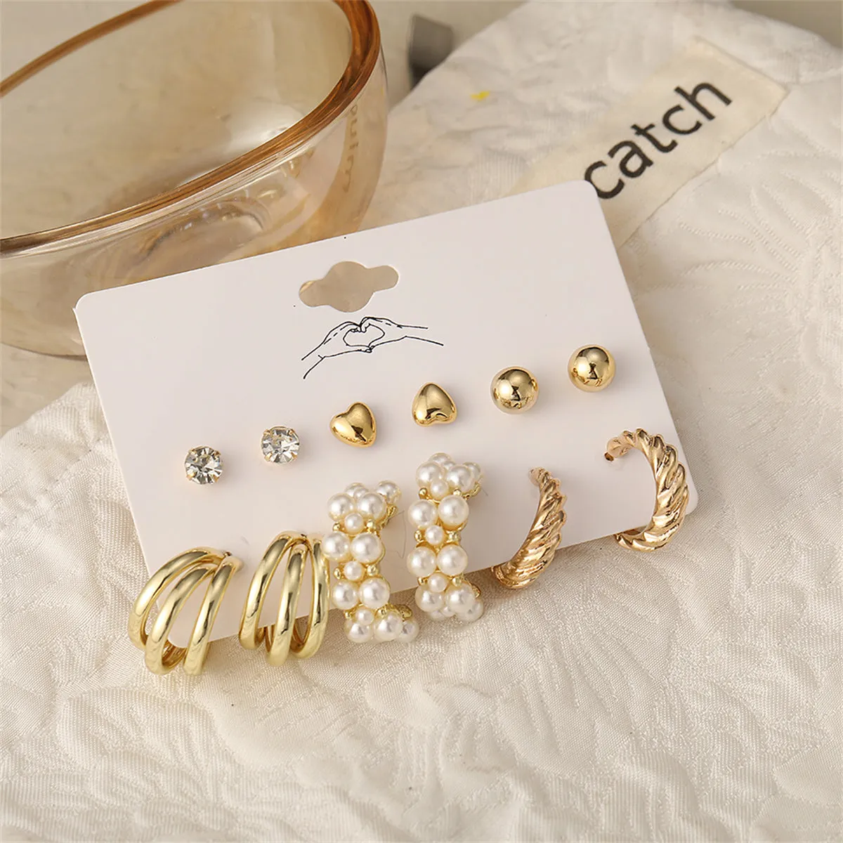 Pearl & Cubic Zirconia 18K Gold-Plated Heart Huggie Earrings Set