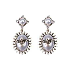 Pearl & Cubic Zirconia Bee Oval Drop Earrings