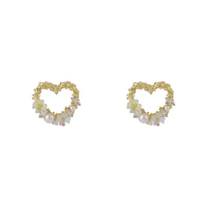 Pearl & Cubic Zirconia Openwork Floral Heart Stud Earrings