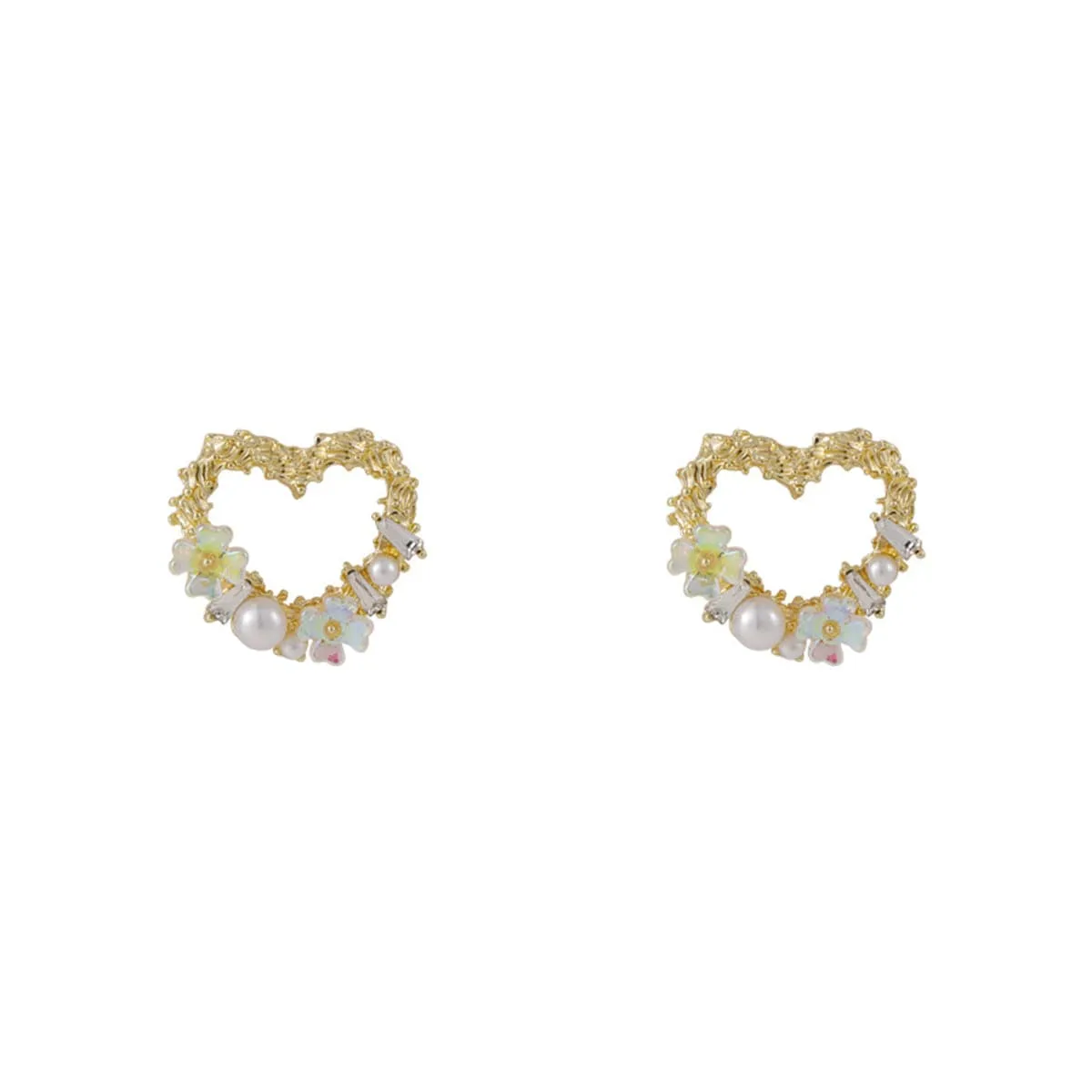 Pearl & Cubic Zirconia Openwork Floral Heart Stud Earrings