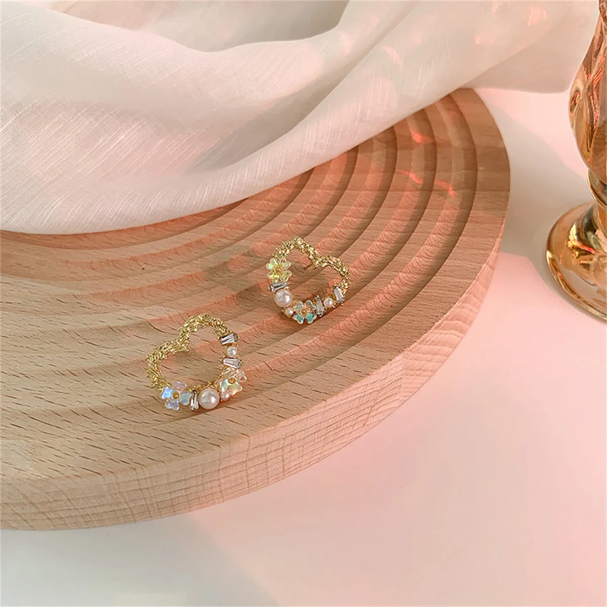 Pearl & Cubic Zirconia Openwork Floral Heart Stud Earrings