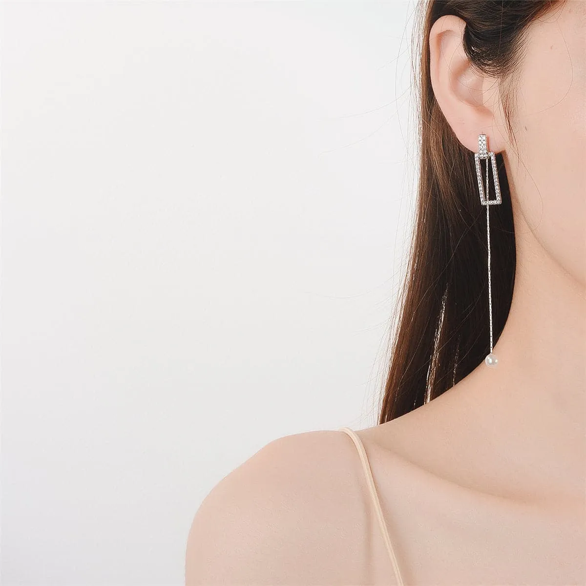 Pearl & Cubic Zirconia Silver-Plated Geometric Chain Drop Earrings
