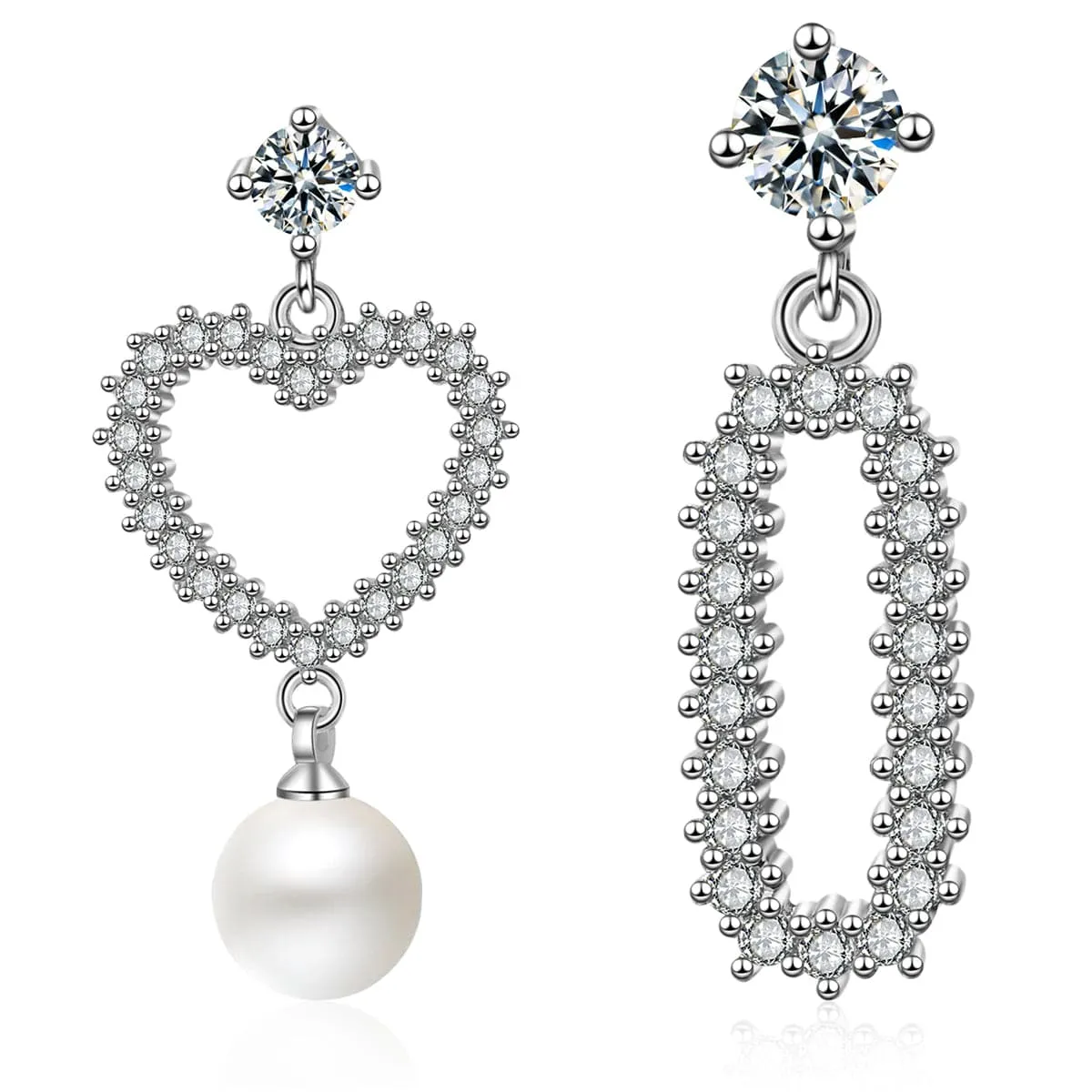 Pearl & Cubic Zirconia Silver-Plated Heart & Oblong Drop Earrings