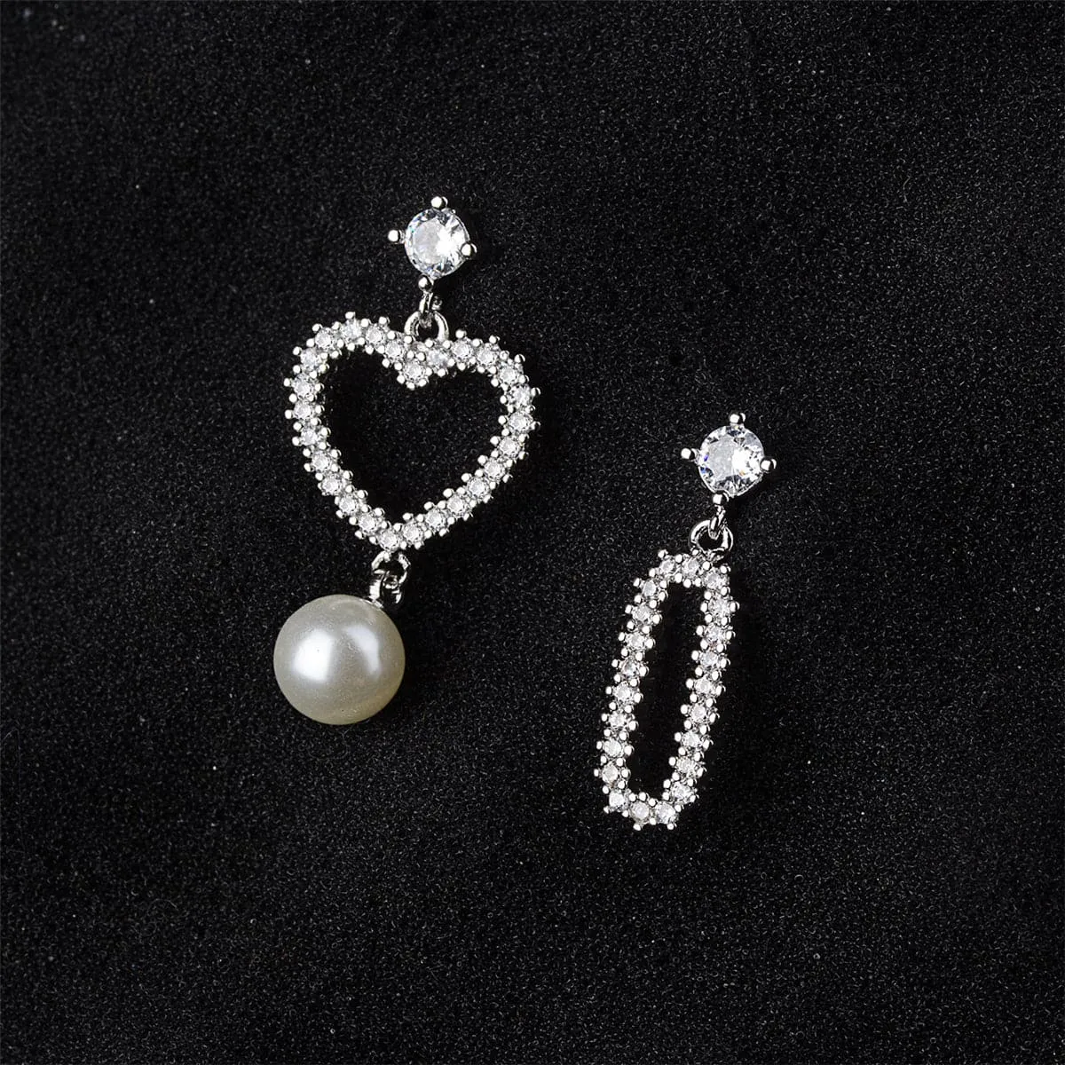 Pearl & Cubic Zirconia Silver-Plated Heart & Oblong Drop Earrings