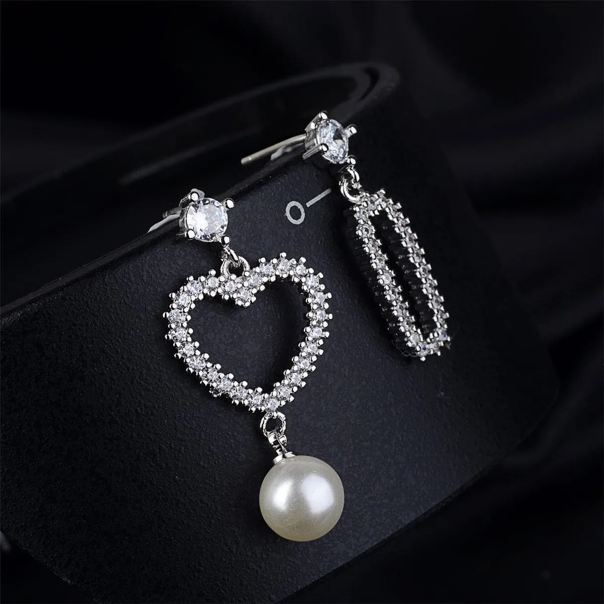 Pearl & Cubic Zirconia Silver-Plated Heart & Oblong Drop Earrings