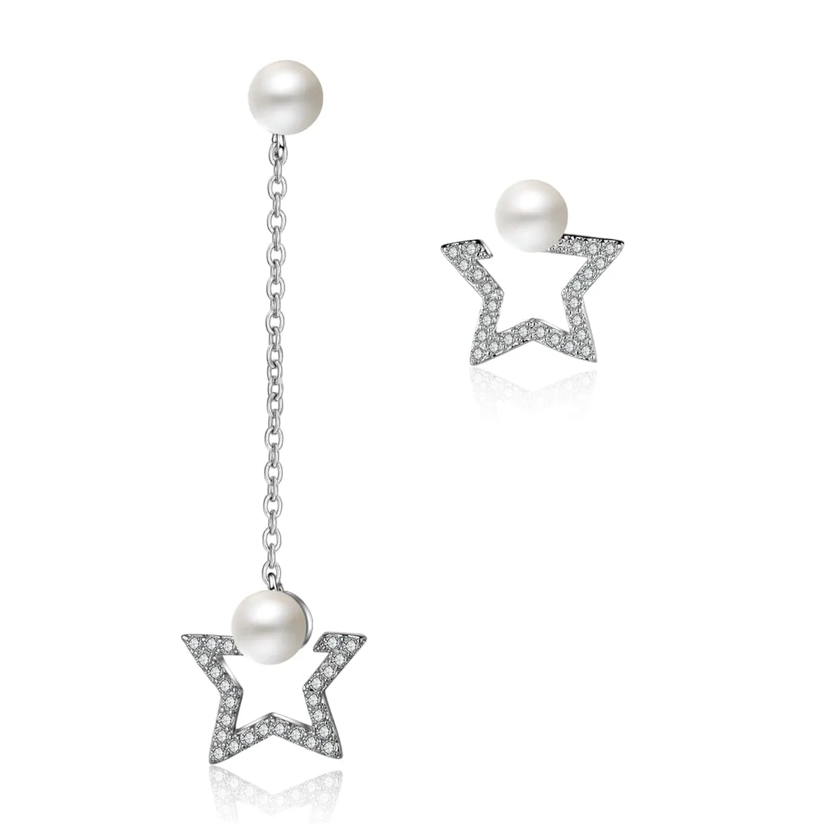 Pearl & Cubic Zirconia Silver-Plated Star Chain Drop Earrings