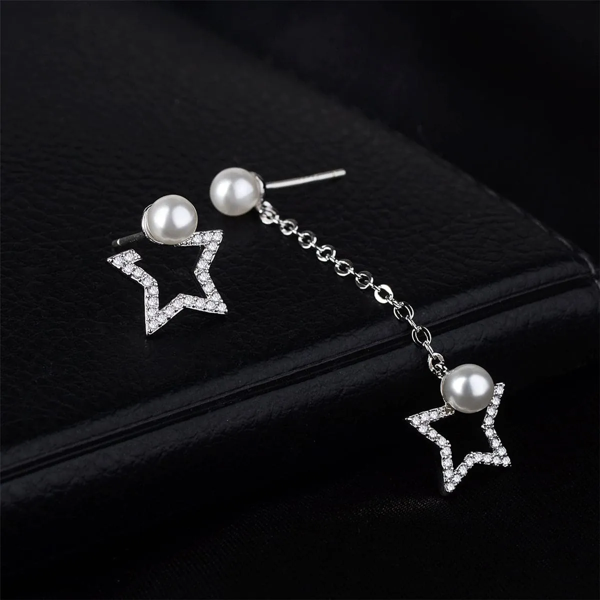 Pearl & Cubic Zirconia Silver-Plated Star Chain Drop Earrings