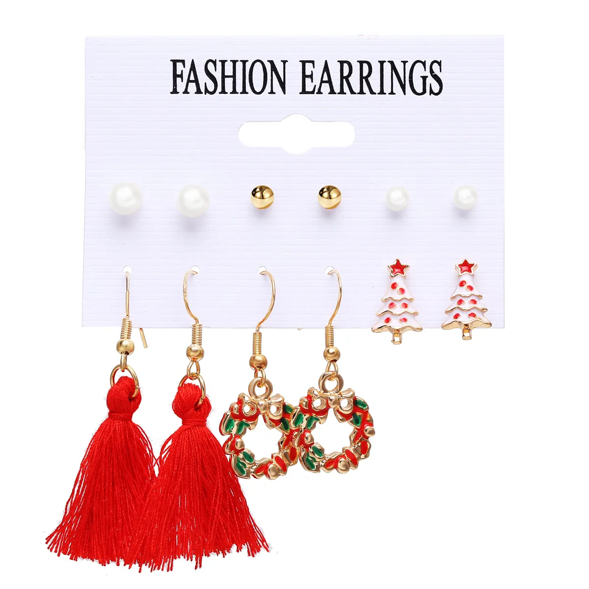 Pearl & Enamel 18K Gold-Plated Christmas Tree Earrings Set