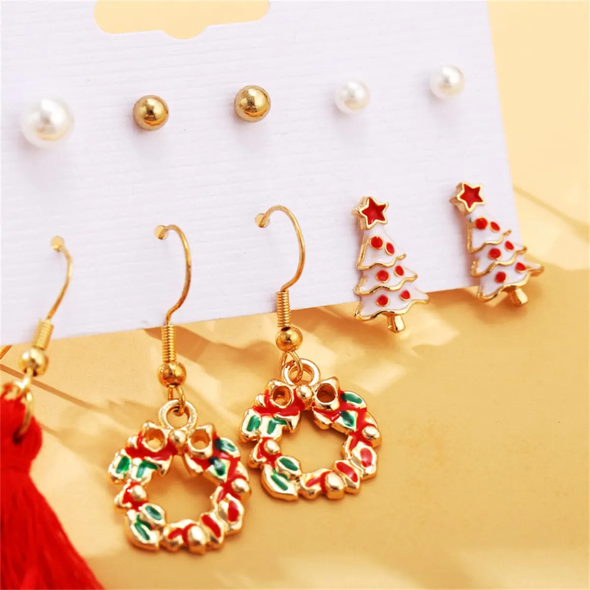 Pearl & Enamel 18K Gold-Plated Christmas Tree Earrings Set