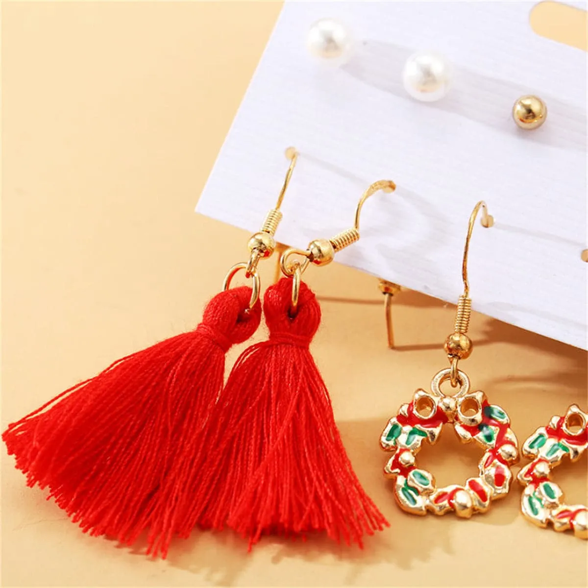 Pearl & Enamel 18K Gold-Plated Christmas Tree Earrings Set