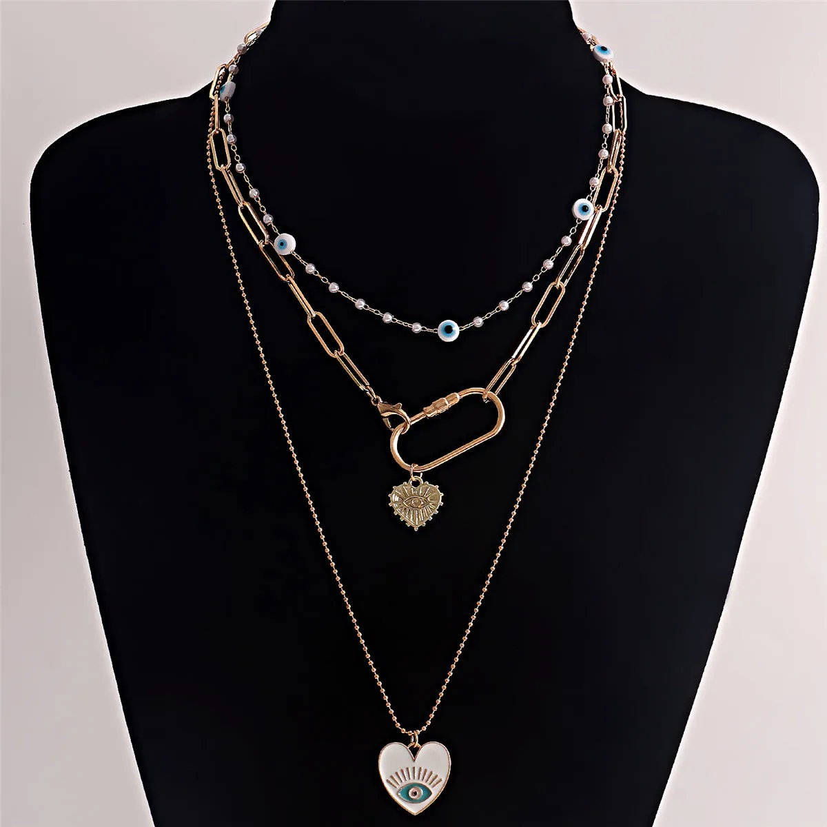 Pearl & Enamel 18K Gold-Plated Eye Heart Pendant Necklace Set
