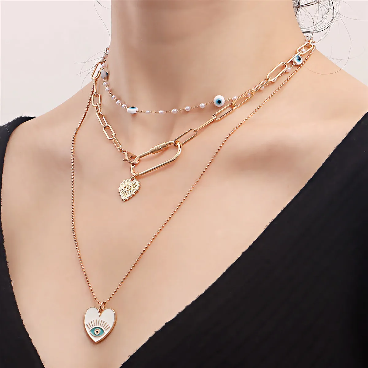 Pearl & Enamel 18K Gold-Plated Eye Heart Pendant Necklace Set