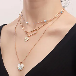 Pearl & Enamel 18K Gold-Plated Eye Heart Pendant Necklace Set