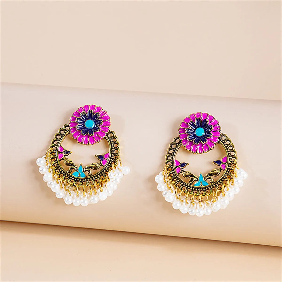 Pearl & Enamel 18K Gold-Plated Flower Openwork Drop Earrings