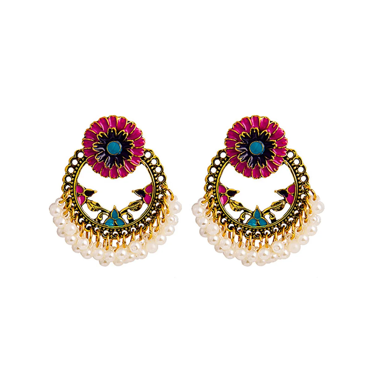 Pearl & Enamel 18K Gold-Plated Flower Openwork Drop Earrings