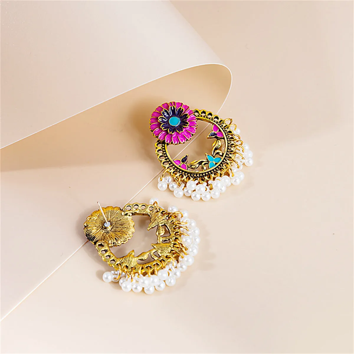 Pearl & Enamel 18K Gold-Plated Flower Openwork Drop Earrings