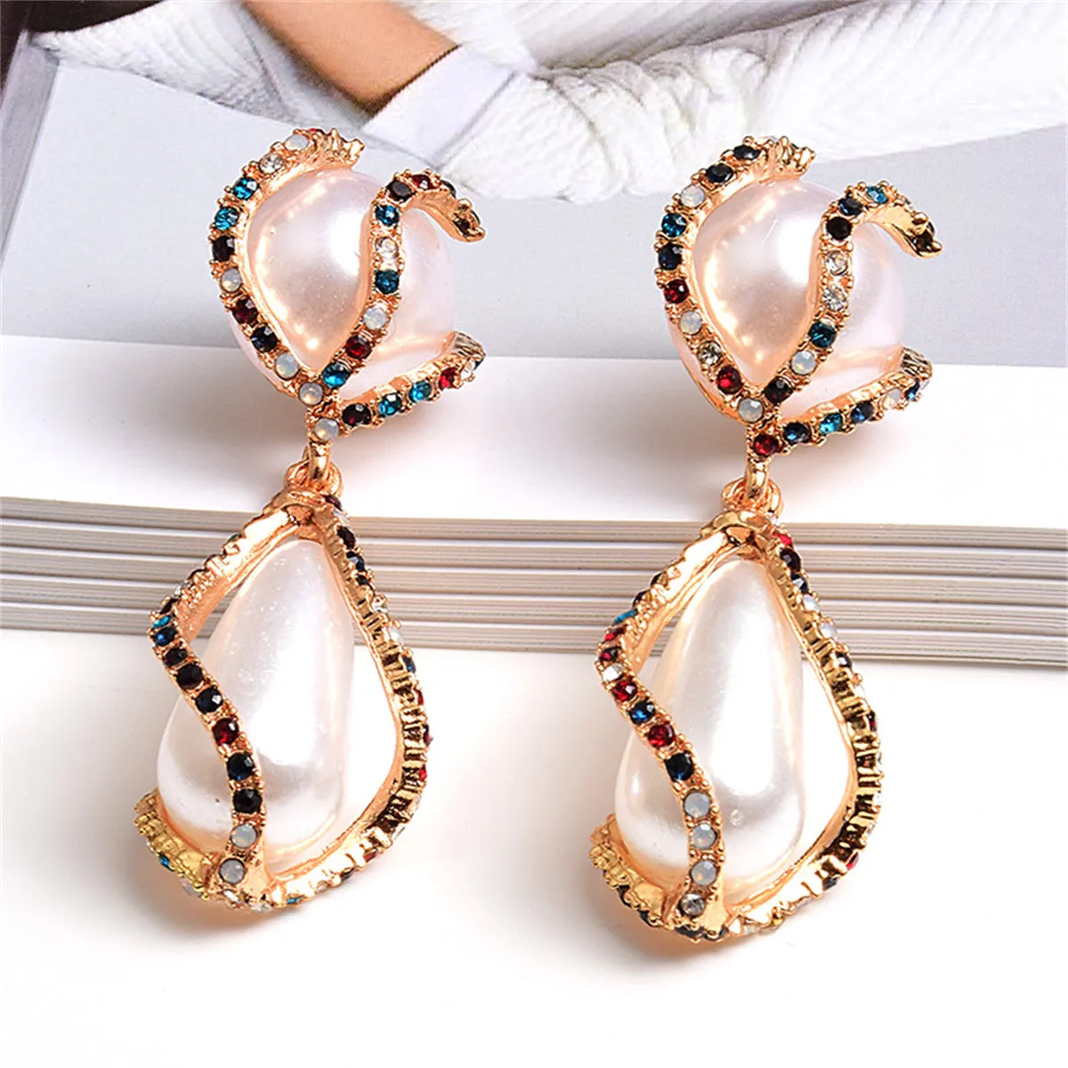 Pearl & Multicolor Cubic Zirconia 18K Gold-Plated Twist Drop Earrings