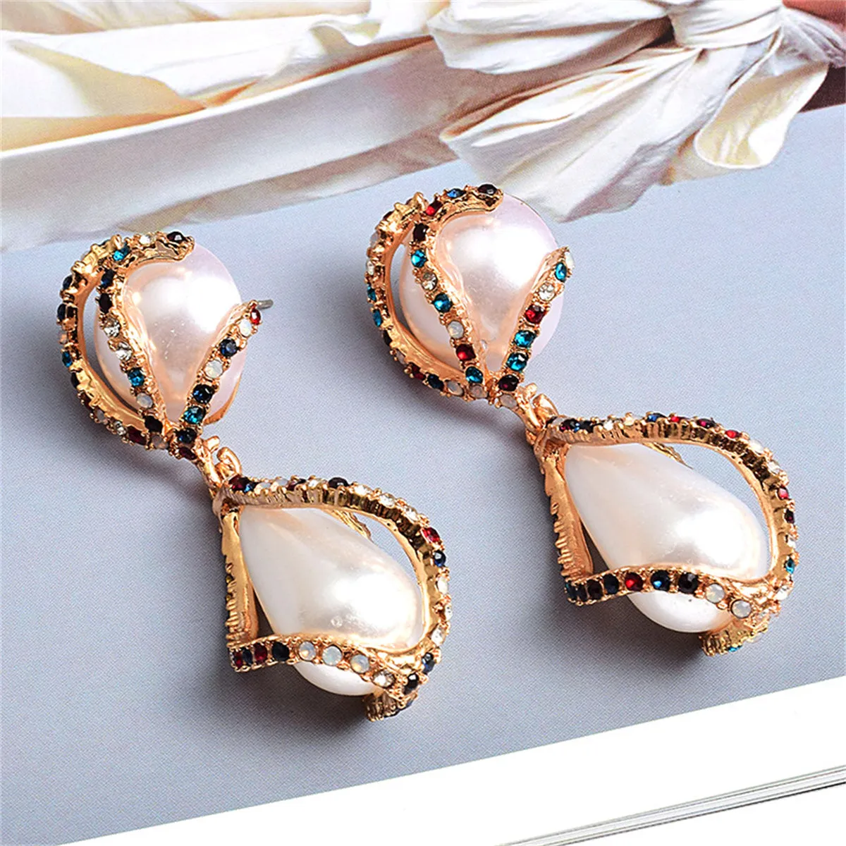 Pearl & Multicolor Cubic Zirconia 18K Gold-Plated Twist Drop Earrings