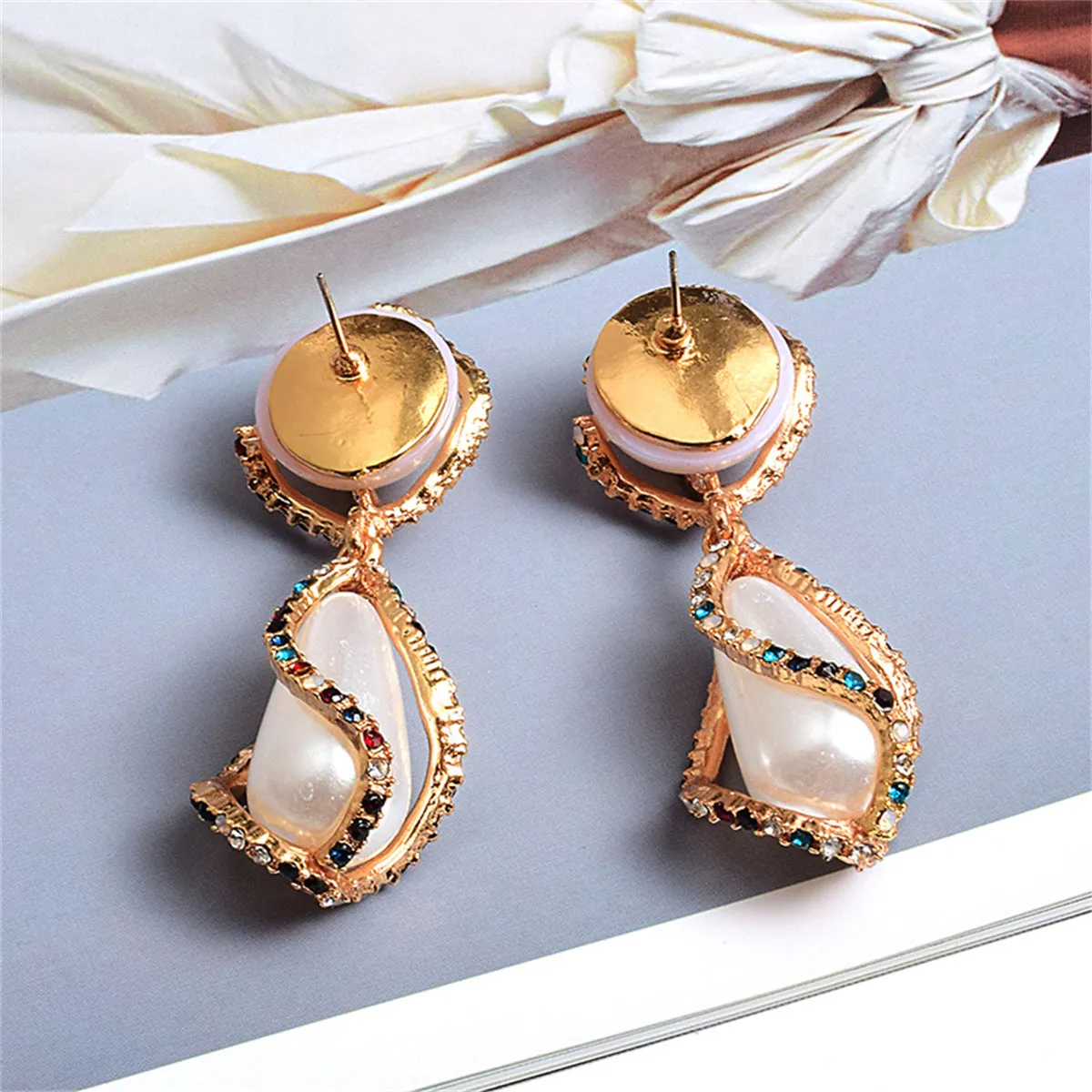 Pearl & Multicolor Cubic Zirconia 18K Gold-Plated Twist Drop Earrings