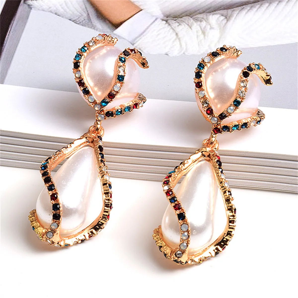 Pearl & Multicolor Cubic Zirconia 18K Gold-Plated Twist Drop Earrings