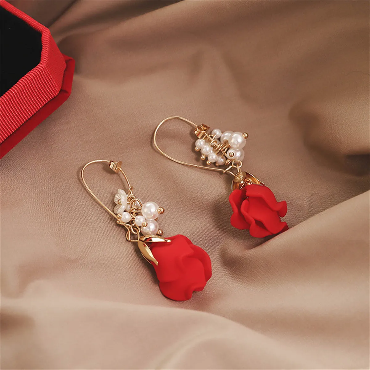 Pearl & Red Acrylic 18K Gold-Plated Rose Huggie Earrings
