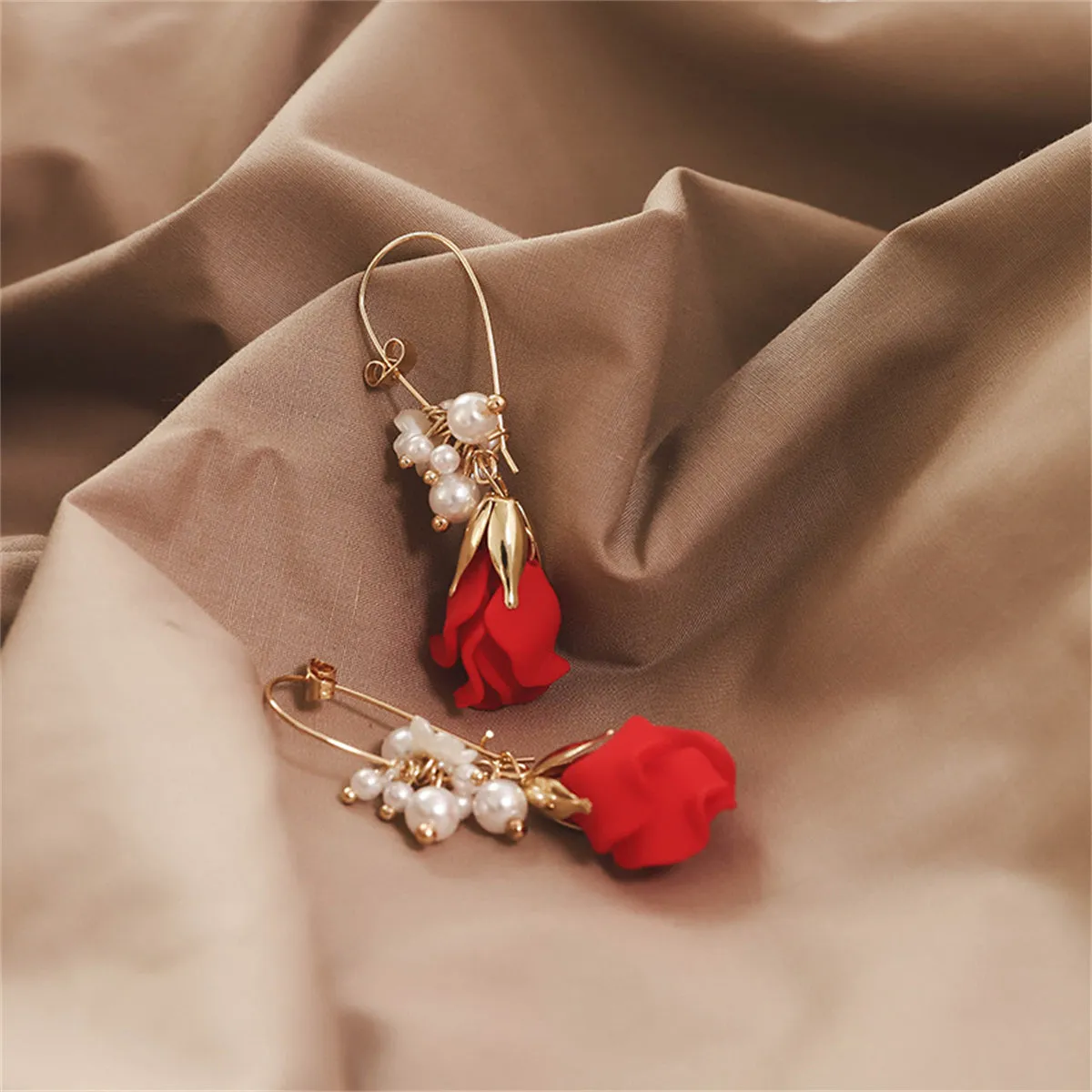 Pearl & Red Acrylic 18K Gold-Plated Rose Huggie Earrings