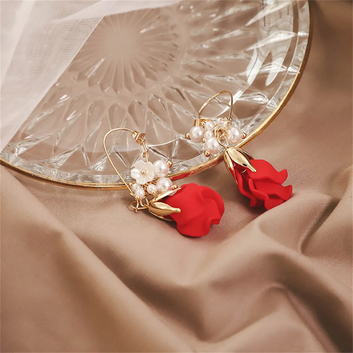 Pearl & Red Acrylic 18K Gold-Plated Rose Huggie Earrings
