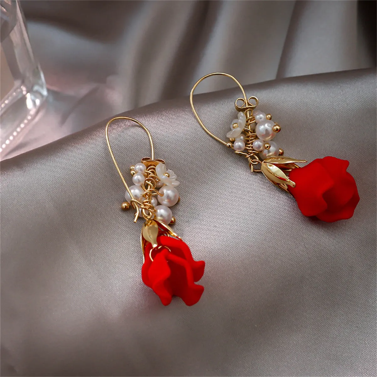 Pearl & Red Acrylic 18K Gold-Plated Rose Huggie Earrings