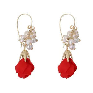 Pearl & Red Acrylic 18K Gold-Plated Rose Huggie Earrings