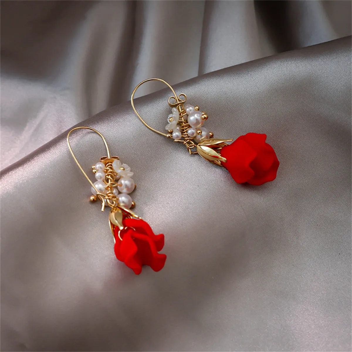 Pearl & Red Acrylic 18K Gold-Plated Rose Huggie Earrings