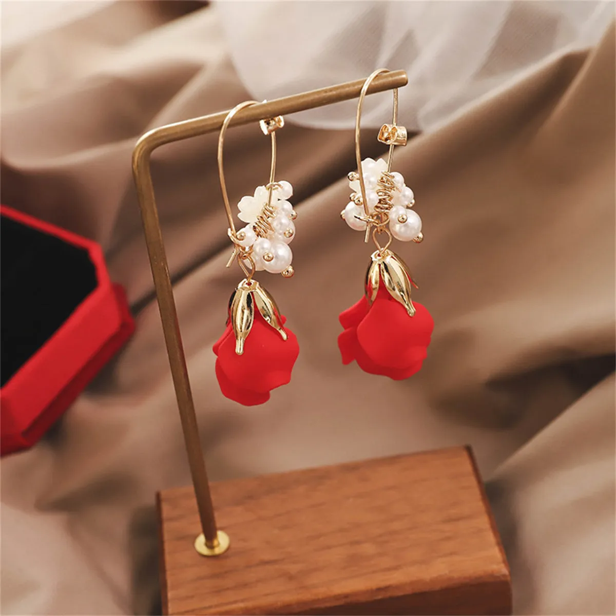 Pearl & Red Acrylic 18K Gold-Plated Rose Huggie Earrings