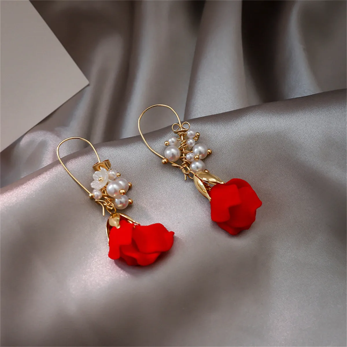 Pearl & Red Acrylic 18K Gold-Plated Rose Huggie Earrings