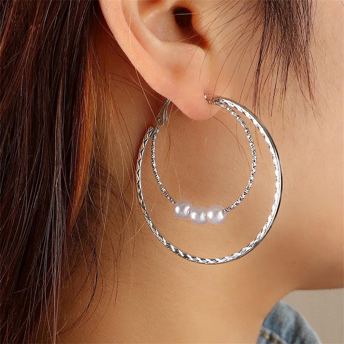 Pearl & Silver-Plated Double Hoop Earrings