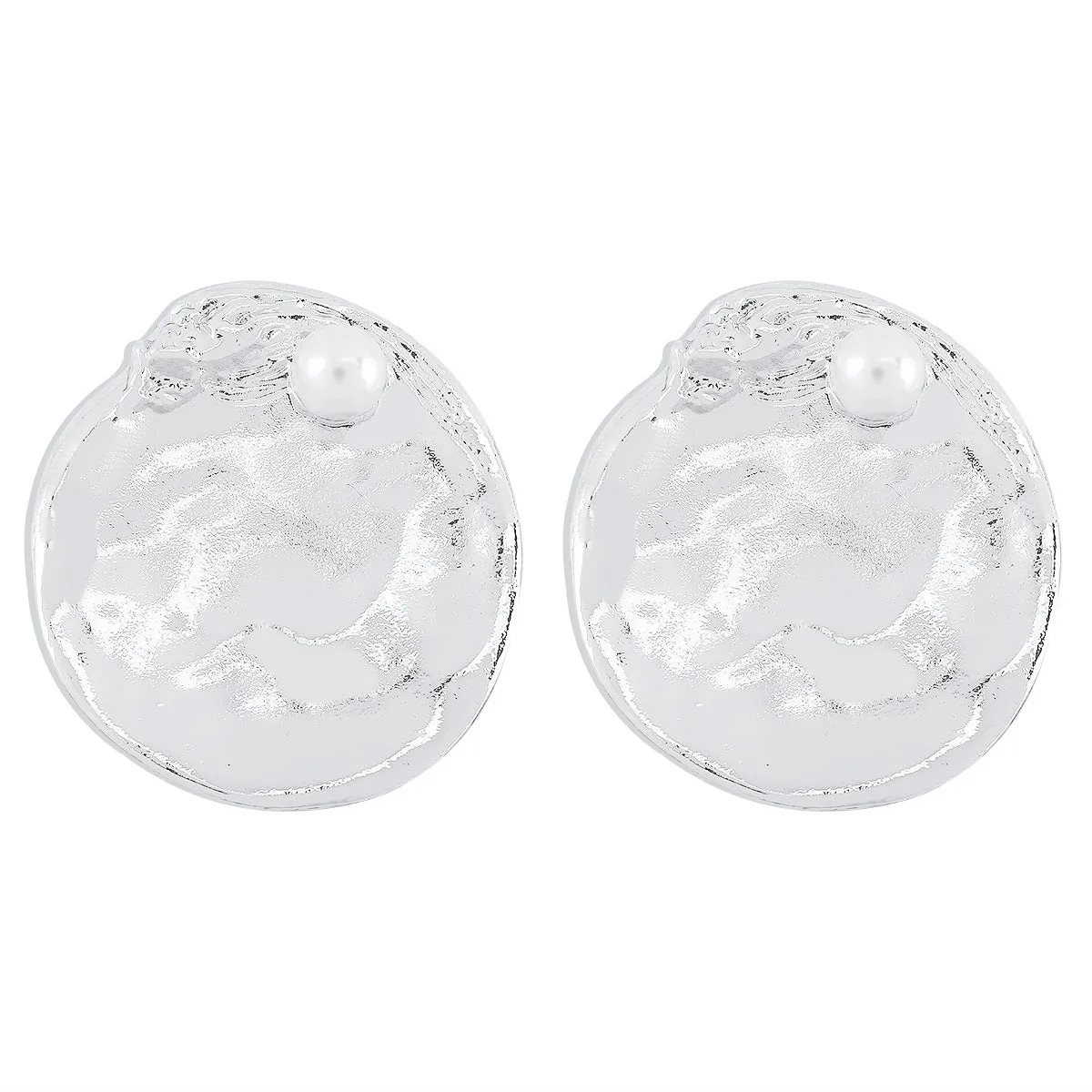 Pearl & Silver-Plated Textured Round Stud Earrings