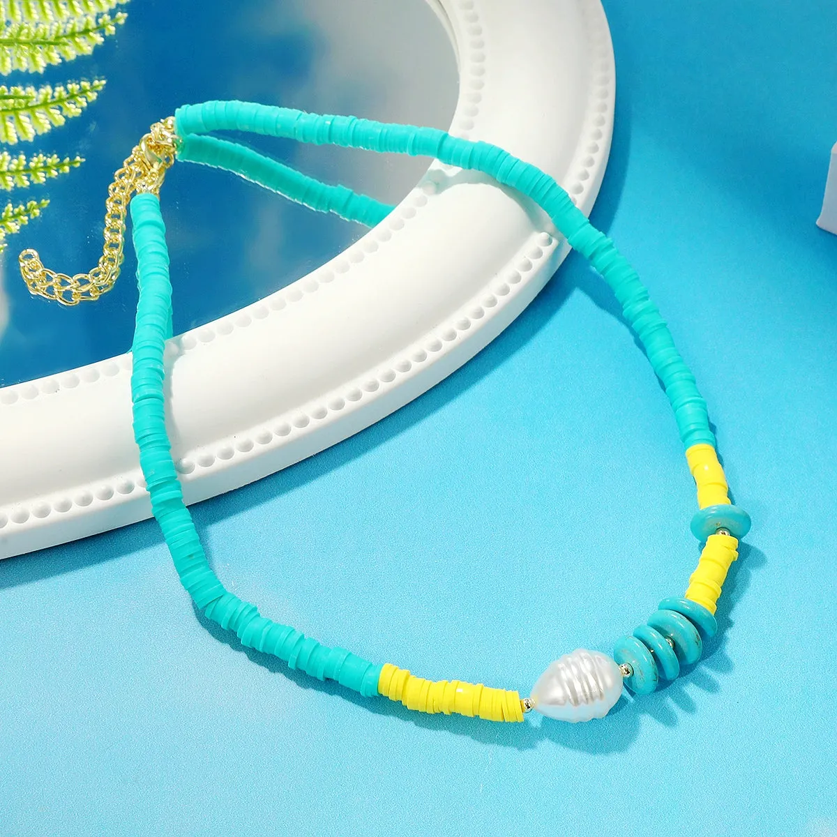 Pearl & Turquoise Polymer Clay 18K Gold-Plated Beaded Necklace