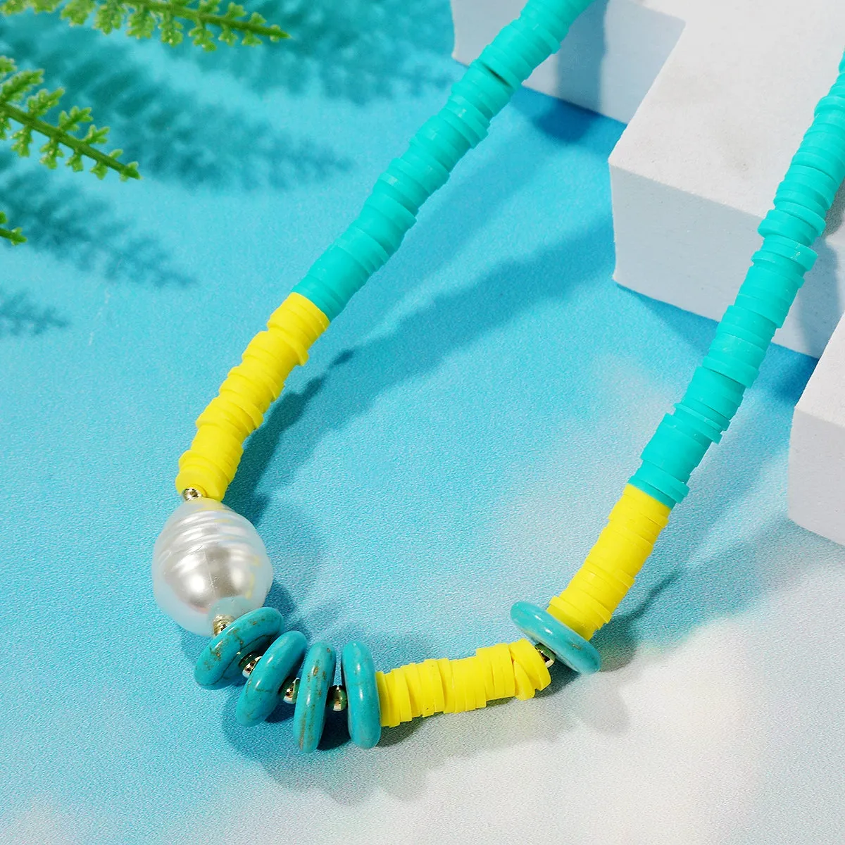 Pearl & Turquoise Polymer Clay 18K Gold-Plated Beaded Necklace
