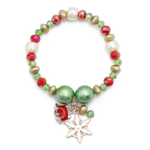 Pearl & Two-Tone Snowflake Bell Stretch Charm Bracelet