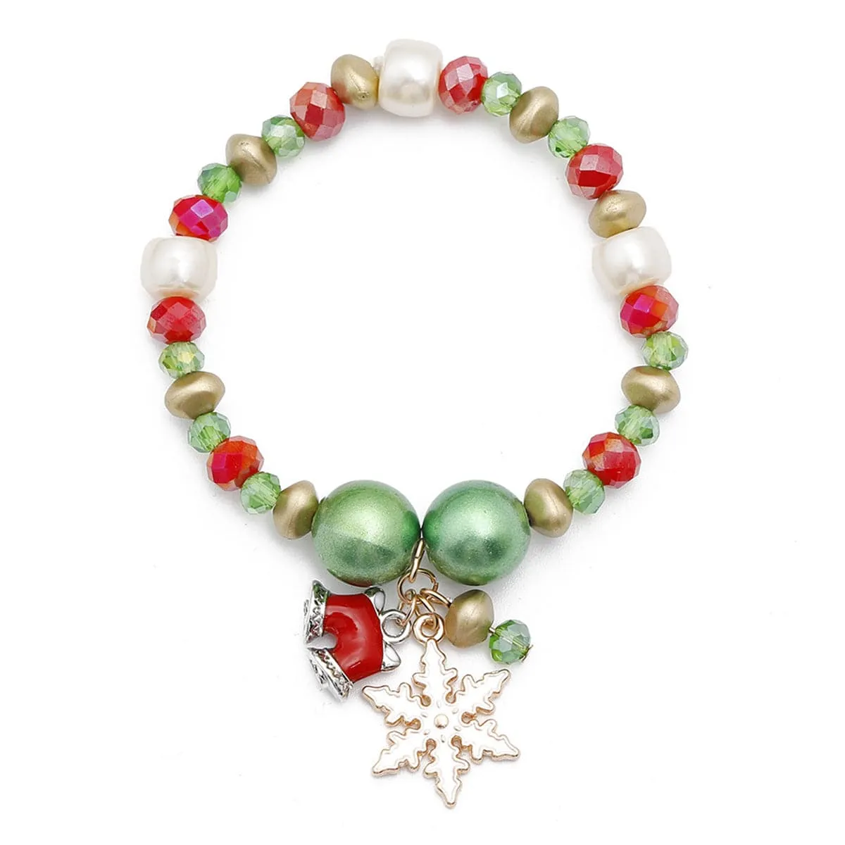 Pearl & Two-Tone Snowflake Bell Stretch Charm Bracelet