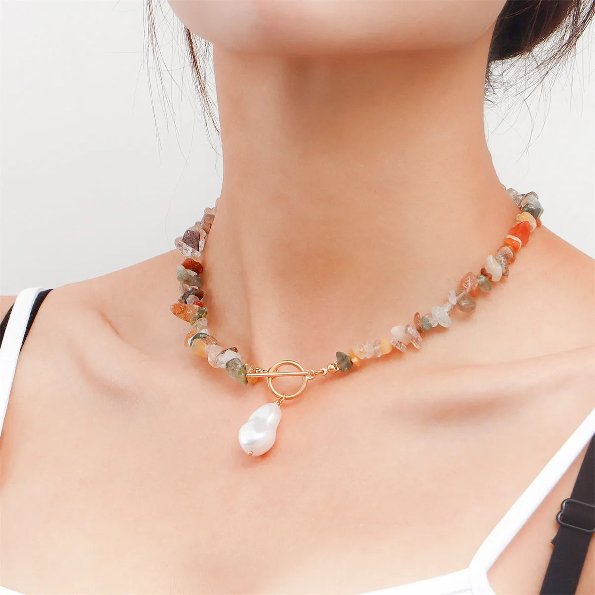 Pearl & Vibrant Irregular Resin Beaded Toggle Pendant Necklace