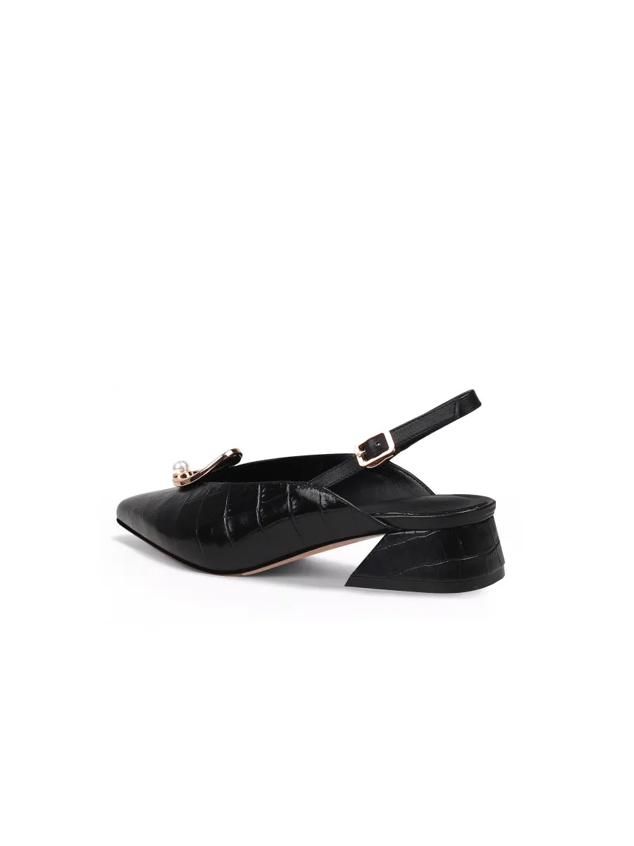 Pearl Ring Deco Croc-Embossed Leather Slingback Black
