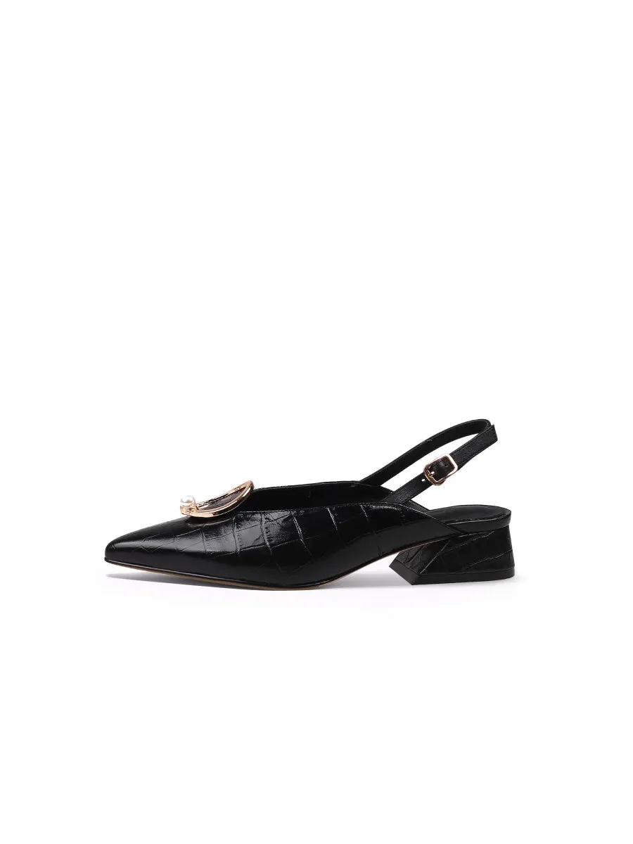 Pearl Ring Deco Croc-Embossed Leather Slingback Black