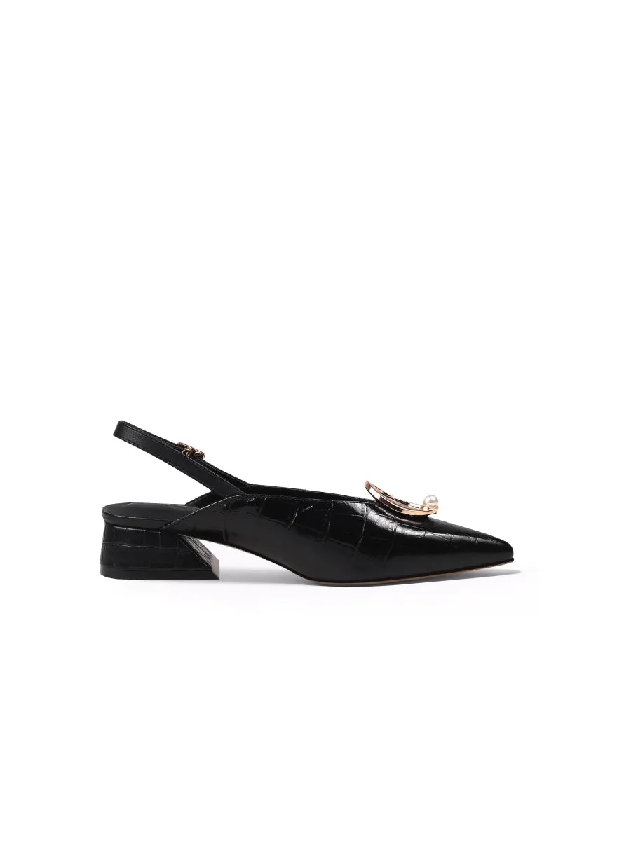 Pearl Ring Deco Croc-Embossed Leather Slingback Black