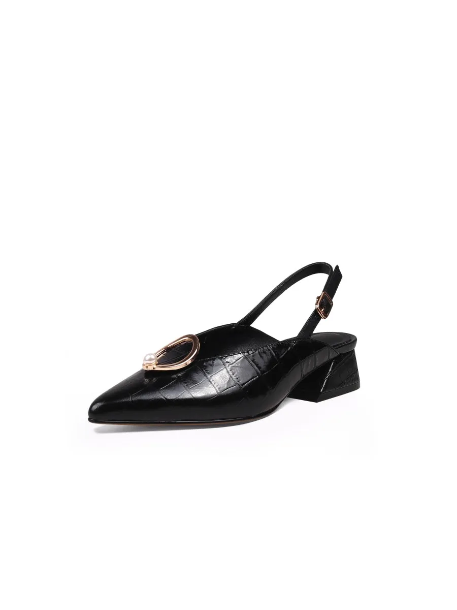 Pearl Ring Deco Croc-Embossed Leather Slingback Black