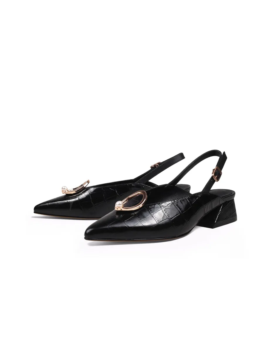 Pearl Ring Deco Croc-Embossed Leather Slingback Black