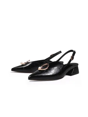 Pearl Ring Deco Croc-Embossed Leather Slingback Black