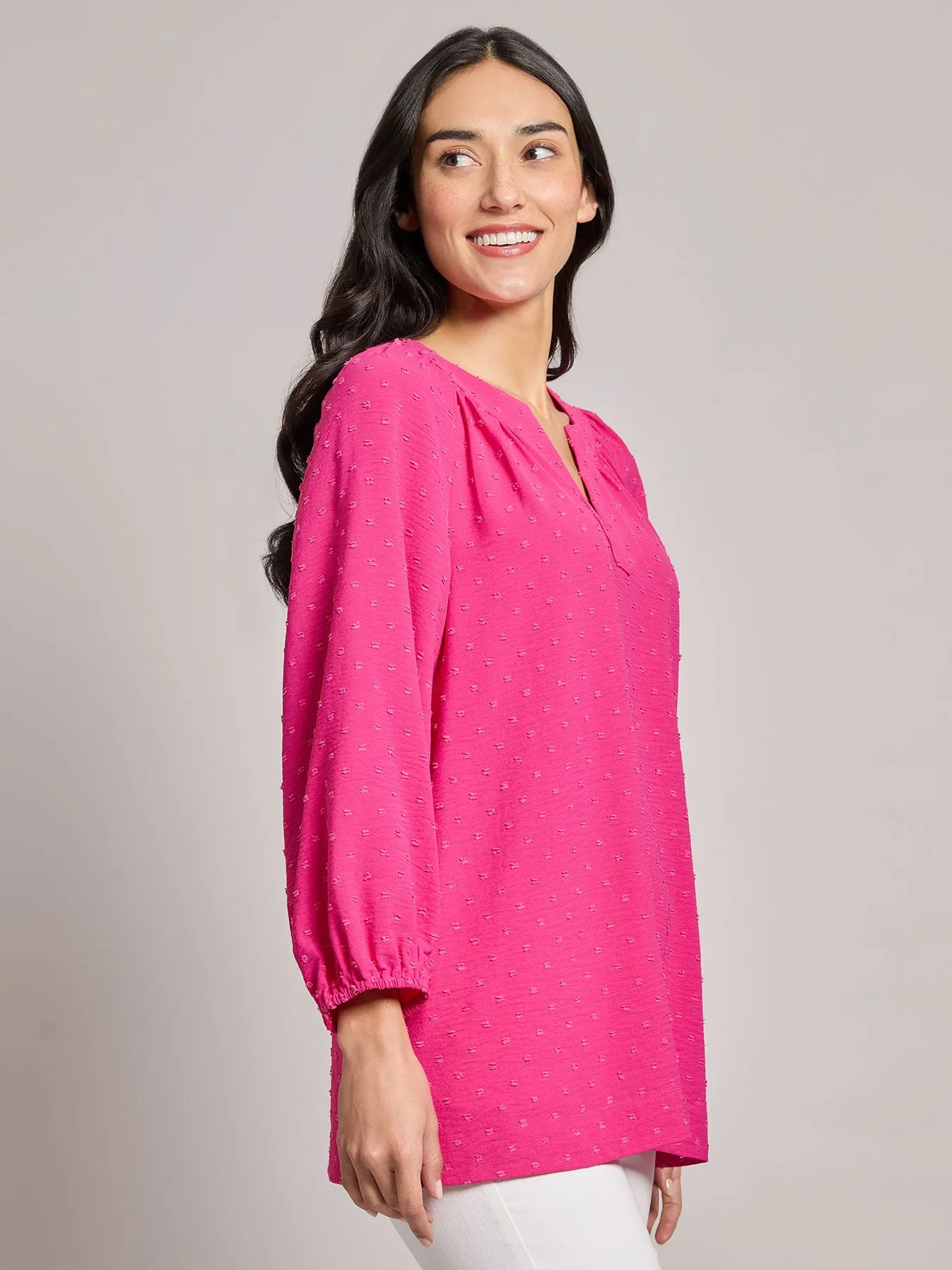 Petite Print V-Neck Pleated Kelly Blouse, Jacquard