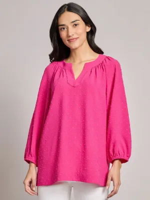 Petite Print V-Neck Pleated Kelly Blouse, Jacquard