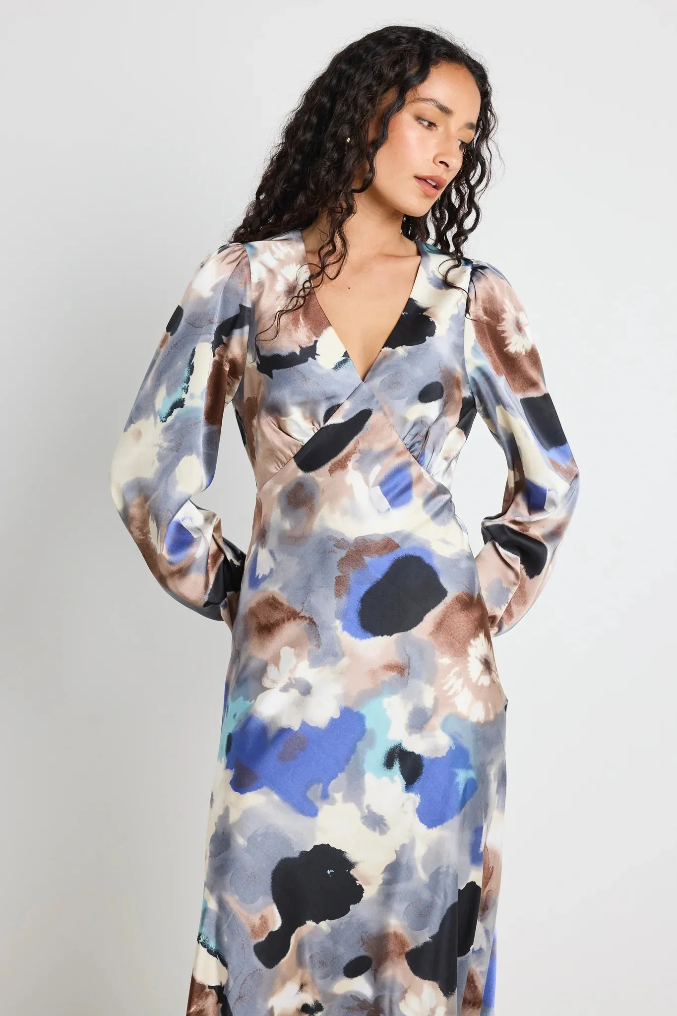 Phoenix Satin Balloon Sleeve Midi Dress - Navy Multi Watercolour